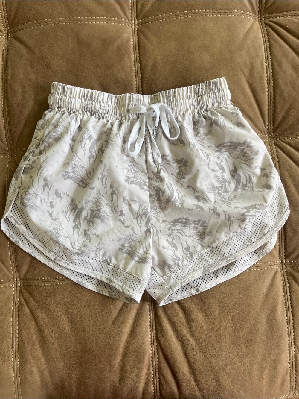 Marble-Print White Athletic Shorts with Mesh Trim